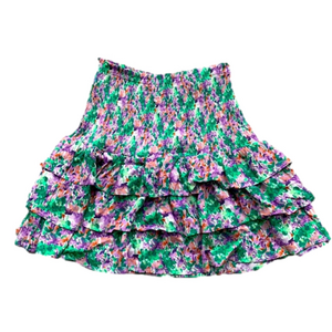 FANCO Floral Watercolor Tiered Ruffle Smocked Mini Skirt Medium